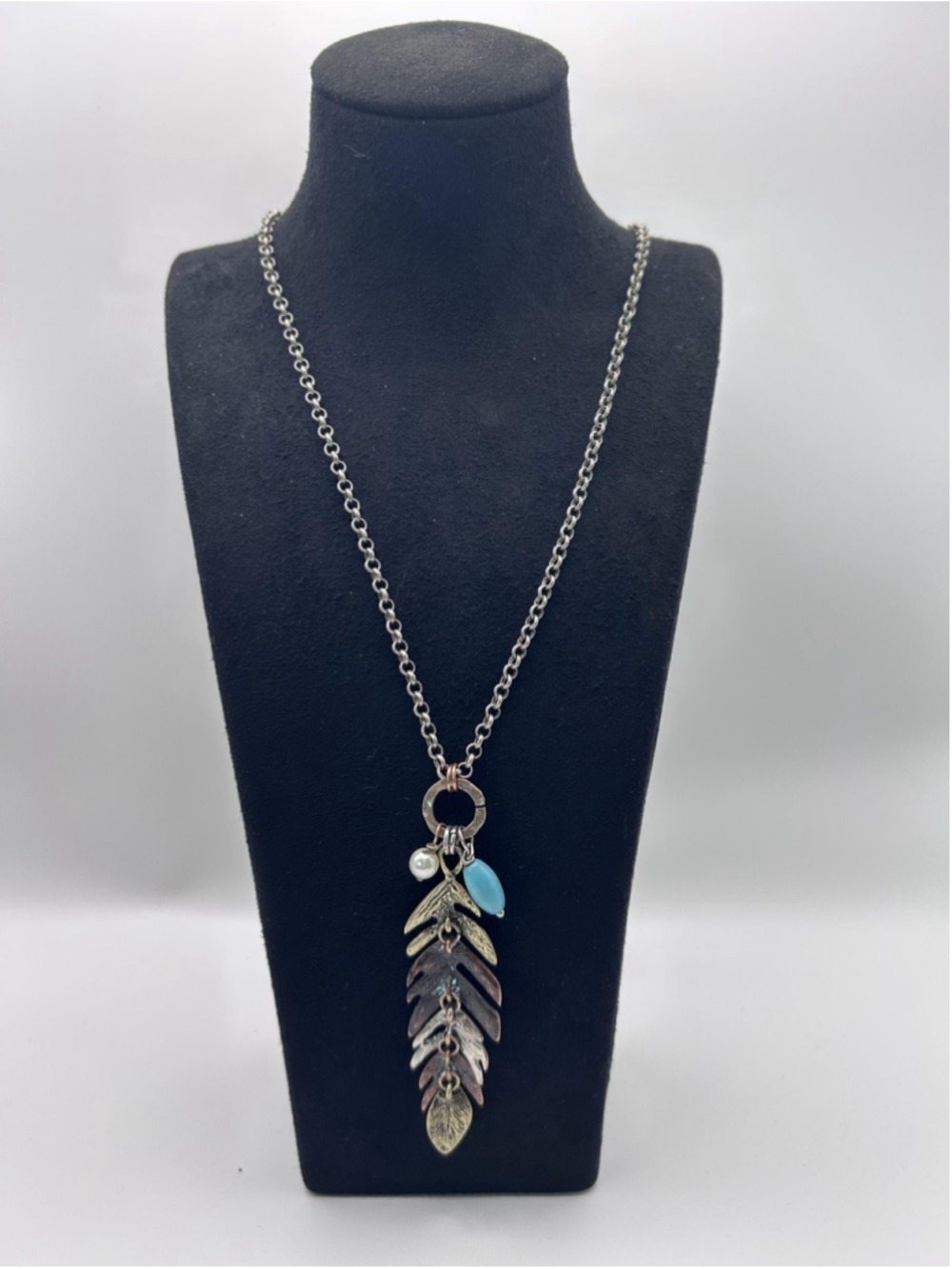 Necklace Silver Tone Leaf Pendant Charm Pearl Turquoise Bead Nature 22 In